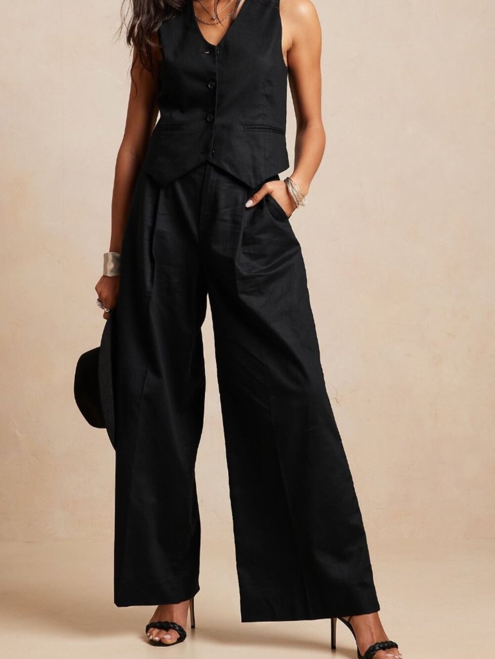NWT!!! Banana Republic Black Flax Linen-Blend Pleated Wide-Leg Trouser Pants 10P